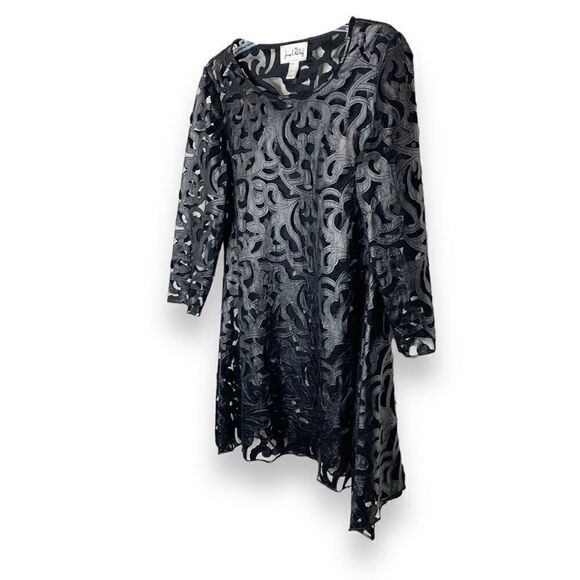 Joseph Ribkoff Vintage Mesh Faux Leather Appliqué Black Mini Swing Dress Size 8 - Picture 4 of 11